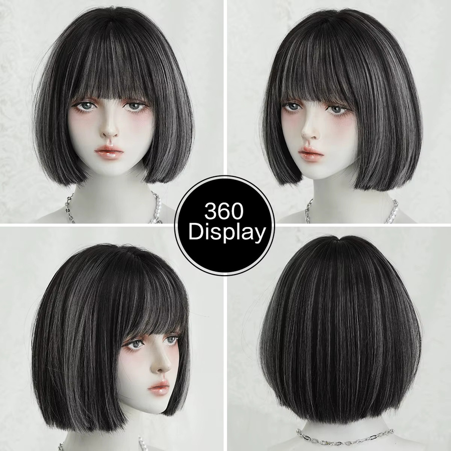7JHH WIGS Perücke, Bob-Stil, schwarz, weiße Highlights, Damen - Bild 3
