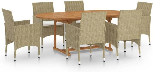 vidaXL 7-tlg Garten-Essgruppe aus Poly Rattan und Akazien-Massivholz in Beige - Bild 1