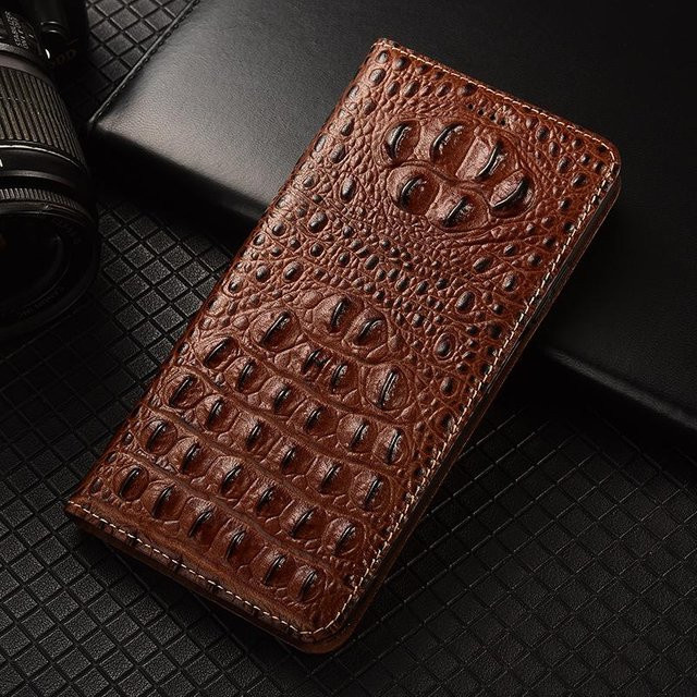Krokodilkralle Klapphülle aus echtem Leder für Xiaomi Mi 17T Pro mit Kartenfächern in Kaffeebraun - Bild 1