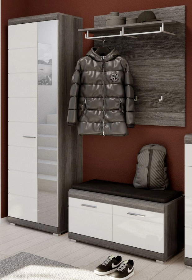 3-tlg. Garderobe Set Shawn von Inn.Furn in Weiß Hochglanz und Rauchsilber Grau mit Schuhschrank, Bank und Paneel für den Flur - Bild 1