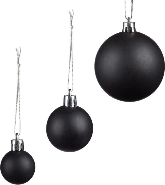 Relaxdays Christbaumkugeln 100er Set aus Kunststoff in Schwarz Glänzend Matt und Glitzernd mit 3 Größen von 4 cm bis 7 cm - Bild 1