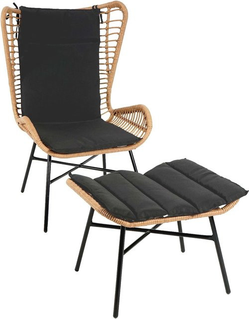 MCW Poly-Rattan Sitzgruppe G17b 2-teilig mit Sessel und Hocker, Naturfarben mit anthrazitfarbenen Kissen - Bild 1