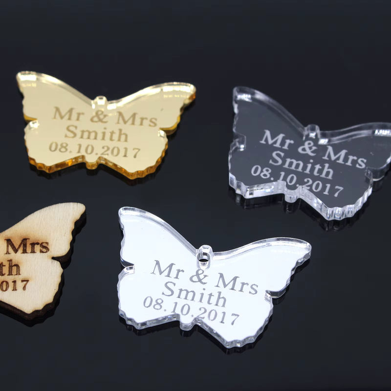 Personalisierte Acryl Schmetterling Spiegel in Silber oder Gold für Hochzeit, Baby Taufe und Dekoration mit individuellem Namen oder Gravur - Bild 4
