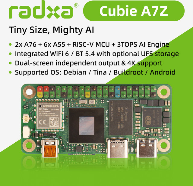 Radxa Cubie A7Z Single Board Computer mit Allwinner SoC, Octa-Core CPU, Dual-Screen Display und RISC-V Coprocessor in Grün - Bild 1