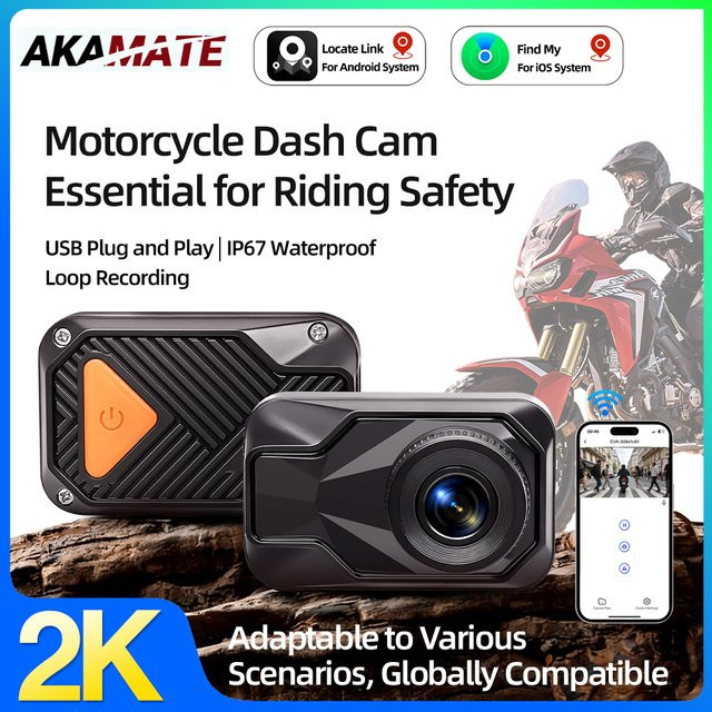 AKAMATE Action Camera 2K HD Motorradkamera mit Loop-Aufnahme und Apple Find My sowie Android Locate Link zur Positionsüberprüfung in Schwarz - Bild 1