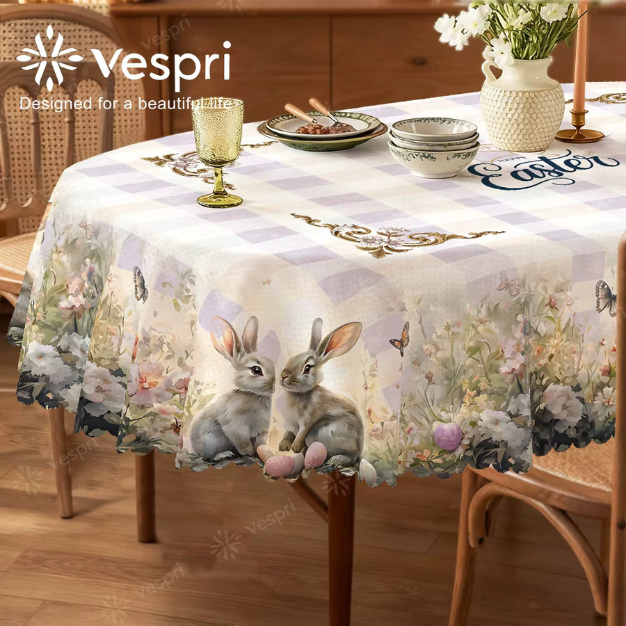 Vespri Oster-Tischdecke mit lila Blumen, Kaninchen und Schmetterlingen aus Polyester, Weiß/Lila/Mehrfarbig - Bild 2