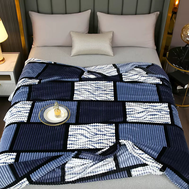 Fei Zhi Tian Flanell-Milchsamt-Decke in Blau mit Karomuster und Kordel-Druck, superweiche Polyester-Bettwäsche für Sofa und Schlafzimmer - Bild 3