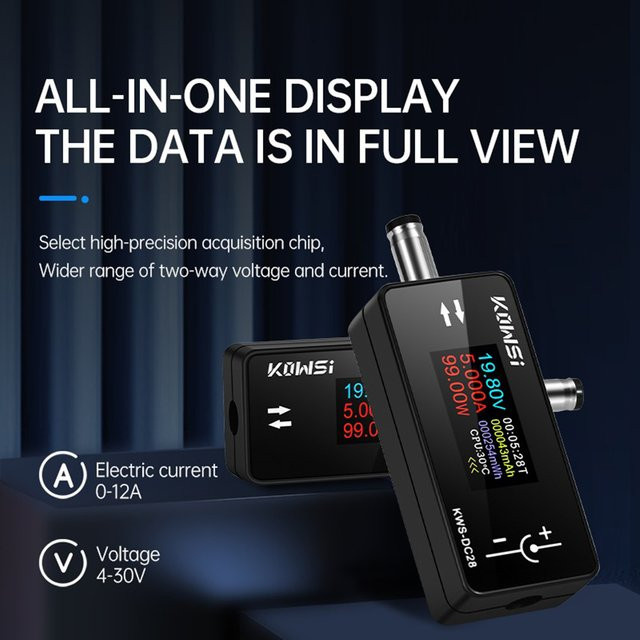 KWS-DC28 Schnittstellentester in Schwarz mit 0,96 Zoll TFT-Farbbildschirm als digitales Voltmeter und Amperemeter zur Messung von Spannung (4–30 V) und Strom (0–12 A) sowie als Leistungsmesser - Bild 1