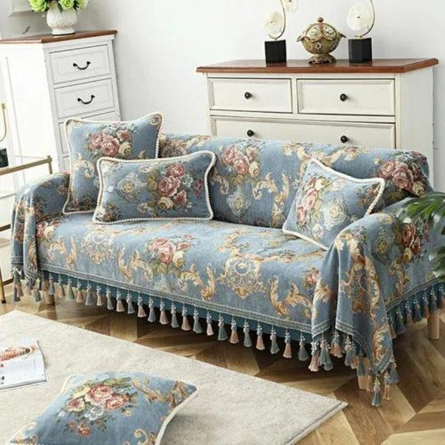 Europäisches Jacquard-Sofatuch von Your Warm Home mit Blumenmuster aus dickem Chenille in Blau, B/B: 170 x 290 cm - Bild 1