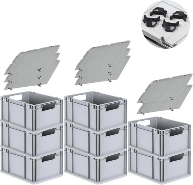 PROREGAL Spar Set 8x Eurobox Nextgen Economy mit Auflagedeckel und 4x Schiebeschnappverschlüssen, Schwarz, H x B x T: 22 x 30 x 40 cm, 20 Liter - Bild 1