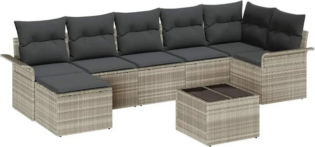 vidaXL Garten-Sofa-Set aus Polyrattan in Hellgrau, 8-teiliges L-Shape Lounge-Set mit 3-Sitzer-Sofa, Ottomane, Couchtisch und Kissen, UV-beständig und mit abnehmbaren Bezügen - Bild 1