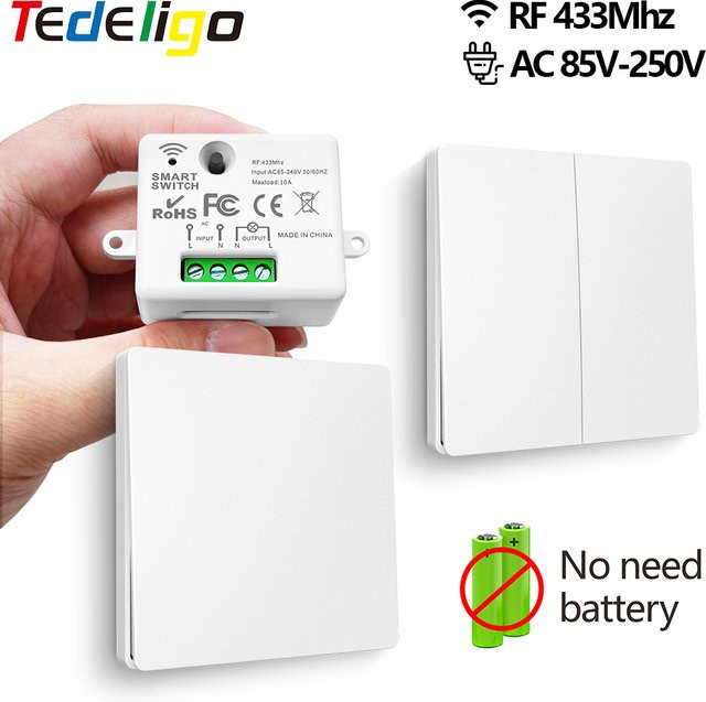 Tedeligo Kabellose Fernbedienung und Lichtschalter mit 433 MHz Mini-Relais, wasserdichter kinetischer Druckknopf-Wandschalter, 220 V, Farbe: Weiß - Bild 1