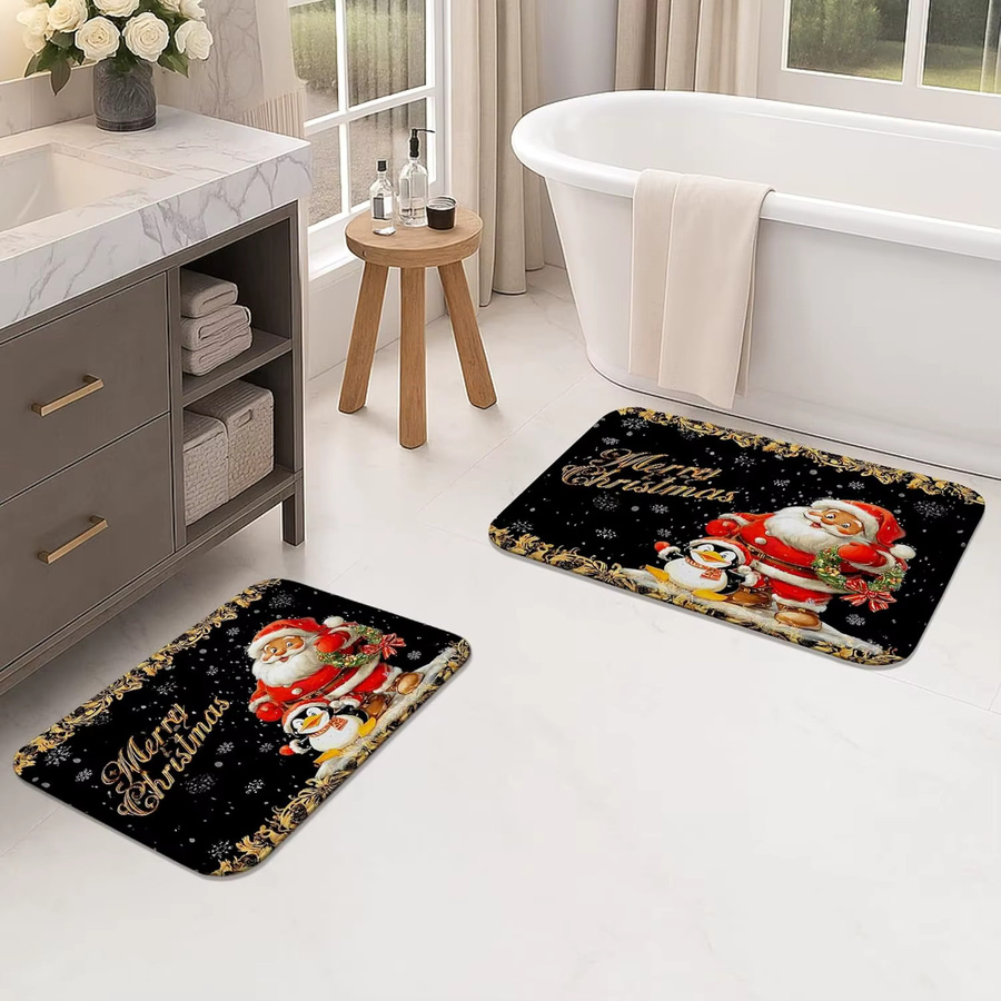 VIKAMA Weihnachtsmann-Flanellteppich mit Pinguin-Design, bunte Weihnachts-Fußmatte für Innen und Außen, B/T: 60 x 40 cm - Bild 2