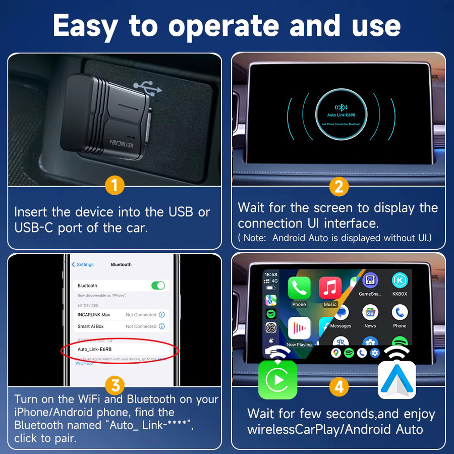HEYINCAR Drahtloser Android Auto und CarPlay Adapter mit WiFi und Bluetooth in Schwarz - Bild 3