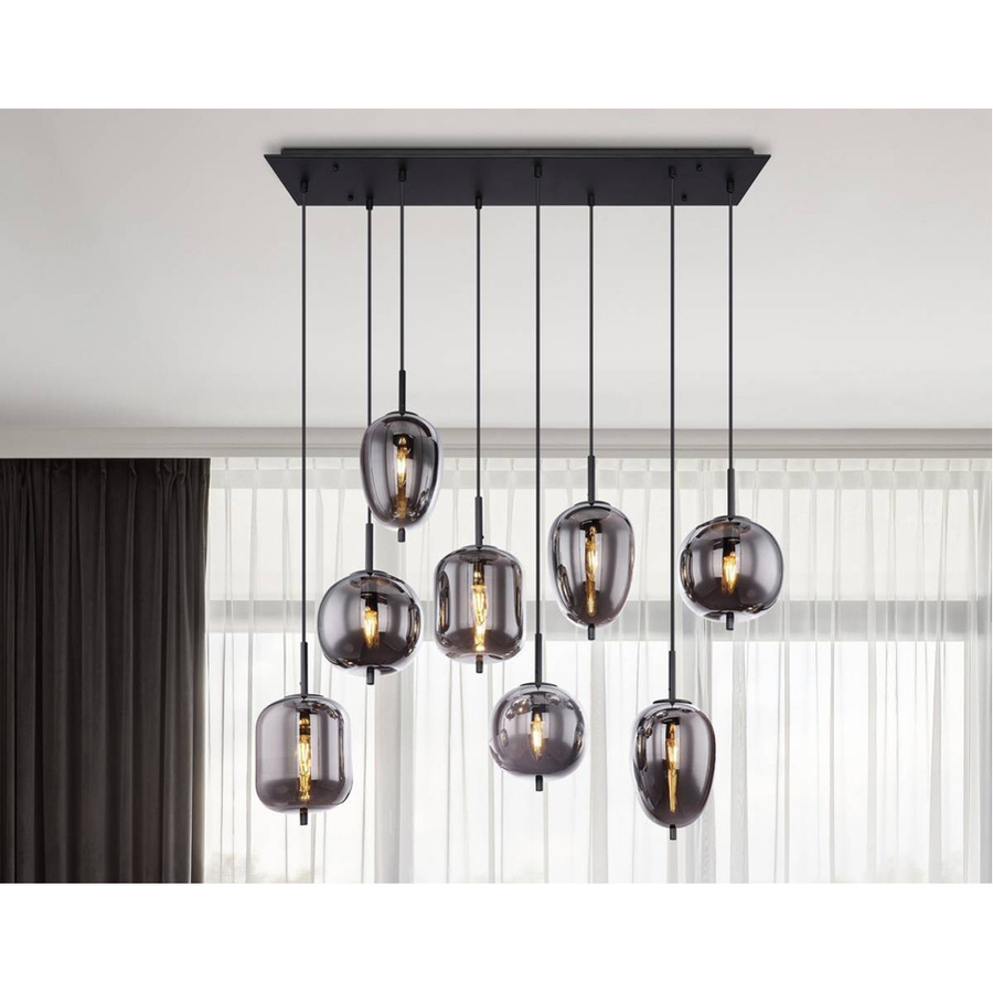 Globo Pendelleuchte Blacky 8-flammig in Schwarz aus Metall und Glas mit rauchfarbenen Schirmen B/H/T: 94 x 120 x 34 cm - Bild 3