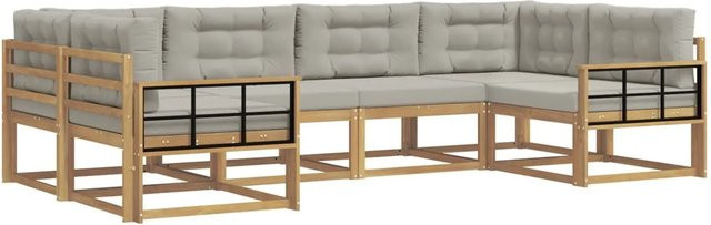 vidaXL Outdoor-Sofagarnitur L-Form aus Akazienholz mit 6 Kissen in Weiß und Grau - Bild 1