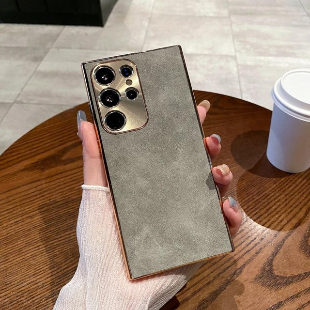 Stoßfeste Handyhülle aus mattem Wildleder-Schafsleder für Samsung Galaxy S26 S25 S24 S23 Ultra Plus mit galvanisiertem Metall-Linsenrahmen in Grau - Bild 1