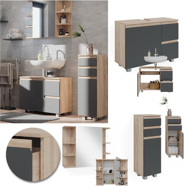 Vicco Badmöbelset J-Shape in Sonoma und Anthrazit, modernes 3-teiliges Badezimmer-Set mit Spiegelschrank, Waschtischunterschrank und Midischrank - Bild 1