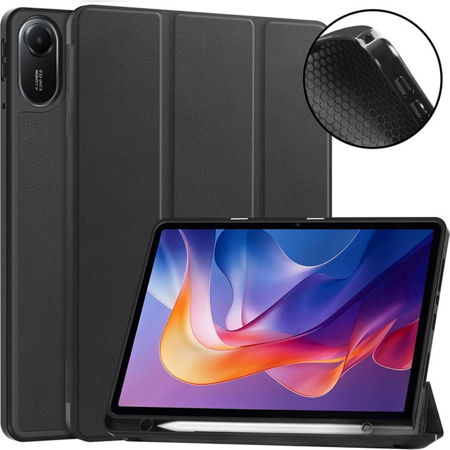 Lederhülle mit dreifachem Faltsystem, magnetischer Abdeckung und Stifthalterfach für Xiaomi Redmi Pad 2 Pro 12,1 Zoll und Redmi Pad 2 11 SE 9,7, Schwarz - Bild 1
