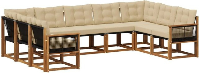 vidaXL Outdoor-Sofagarnitur L-Form aus Akazien-Massivholz mit 9 Kissen in Natur und Beige - Bild 1