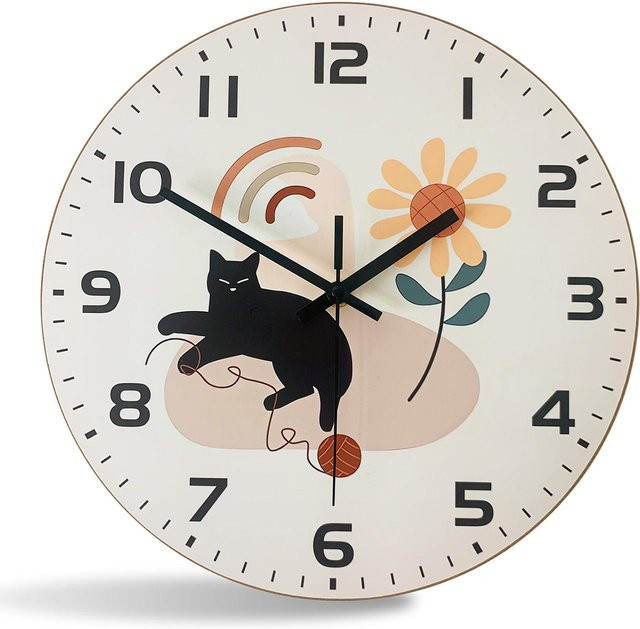 Linyi Toy Wanduhr aus Holz mit Katzen- und Sonnenblumenmuster in Schwarz und Weiß, Durchmesser: 25,4 cm - Bild 1