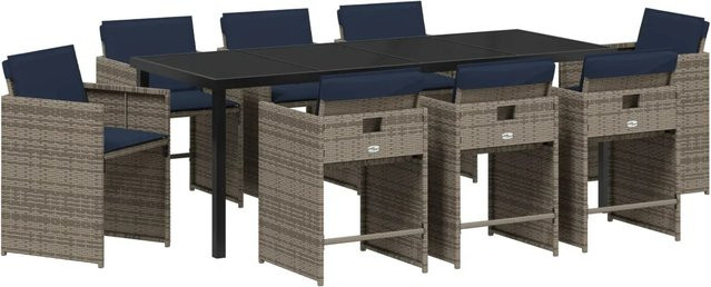 vidaXL Garten Essgruppe aus Poly Rattan mit Kissen, 9-teilig, Grau - Bild 1
