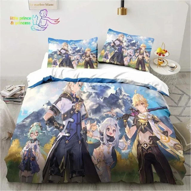 Genshin Impact Anime Bettwäsche-Set aus Mikrofaser, Mehrfarbig, B/H: 135 x 200 cm - Bild 1