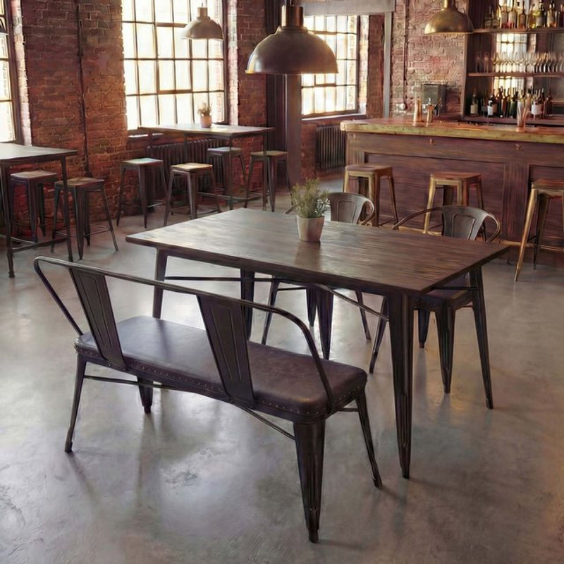 Esszimmer-Set MCW-H10 aus Ulmenholz und Kunstleder in Braun im Industrial-Design mit Tisch und 2 Stühlen sowie einer Sitzbank - Bild 1