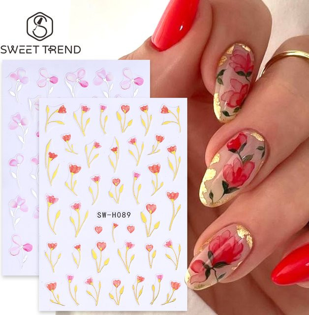 SWEET TREND Nagelaufkleber, Metallische Aquarell-Blumen, 2 Stück - Bild 1