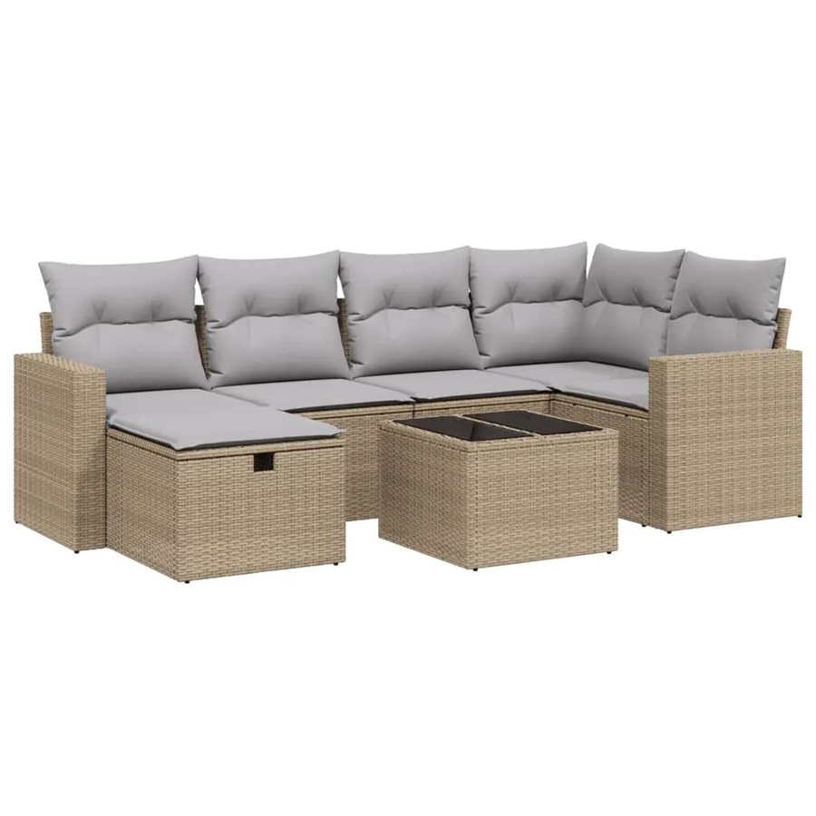 vidaXL 7-tlg. Garten-Sofagarnitur in L-Form mit Kissen und Polyrattan in Beige - Bild 2