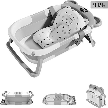 Tragbare zusammenklappbare Babybadewanne in Grau mit Thermometer, weichem schwimmendem Kissen und Abflussloch für Babys von 0–36 Monaten