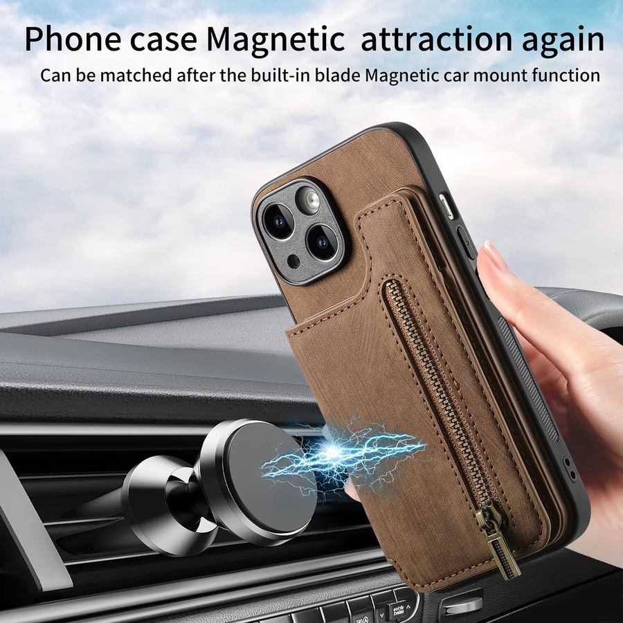 HQBBRO Leder-Geldbörse mit Reißverschluss und magnetischer Doppelschnalle für iPhone 16 Pro Max 17 Air 15 14 Plus 13 12 11 SE, Farbe: Schwarz - Bild 4