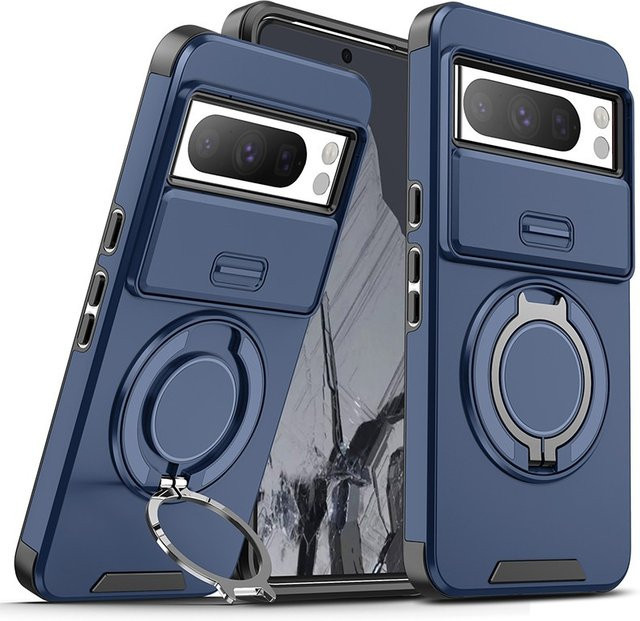 Stoßfeste Hybrid-Doppelschicht-Magnethülle für Google Pixel 10 9 7 Pro XL 8A mit Slide-Kameraobjektivschutz und Metallring-Ständer in Blau und Schwarz - Bild 1