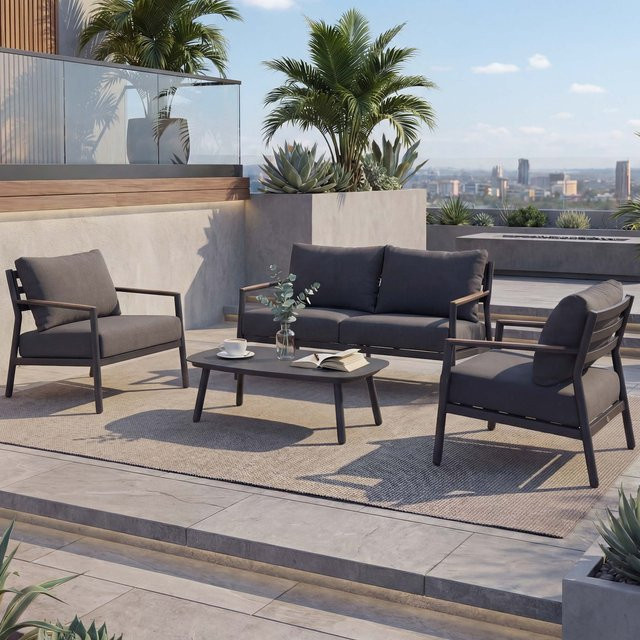 Aluminium Gartengarnitur MCW-P79 Lounge-Set in Dunkelgrau mit 2er-Gartenbank, 2 Sesseln und Polsterkissen aus Olefin-Stoff - Bild 1