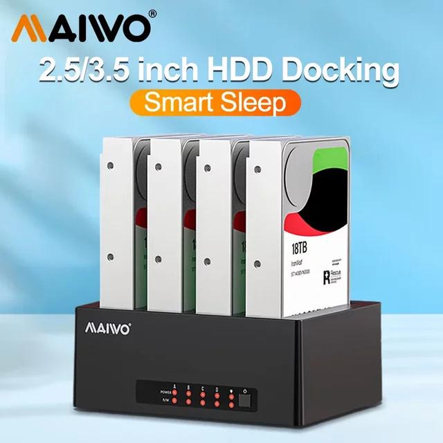 MAIWO Festplatten-Dockingstation mit 4 Einschüben, SATA zu USB 3.0, für 2,5 und 3,5 Zoll HDD/SSD bis 24 TB, Schwarz - Bild 1
