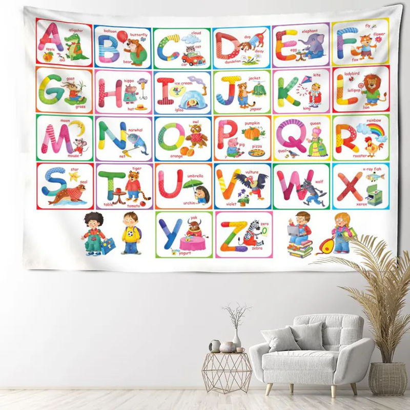 Super Six Cartoon Alphabet Wandteppich mit Tierprint in Boho-Stil, mehrfarbig, B/H: 95 x 70 cm - Bild 3