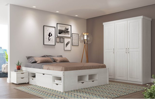 Inter Link Funktionsbett Till aus Kiefer Massivholz mit Stauraum und Lattenrost, Farbe: Weiß, B/L: 160 x 200 cm - Bild 1