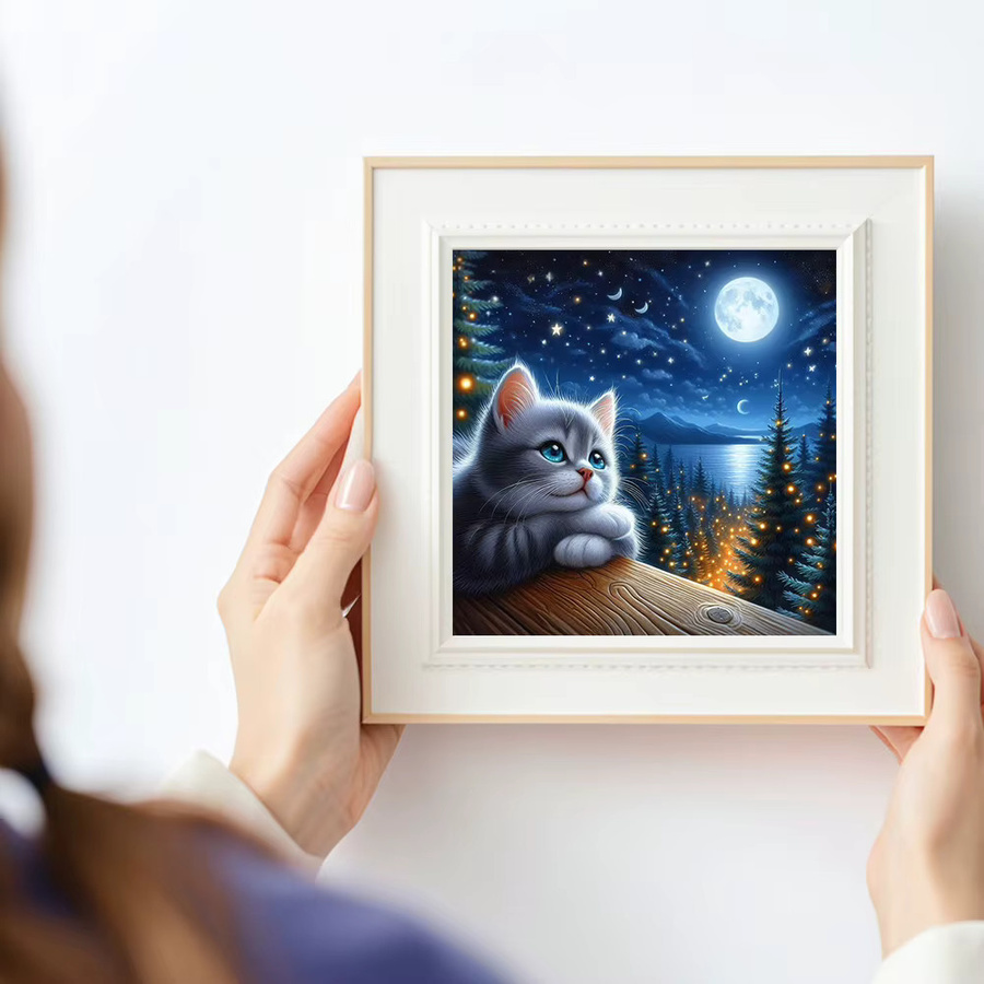 Huacan Diamantmalerei Katze und Mond als Tierlandschaft Dekoration Set mit runden Steinen - Bild 3