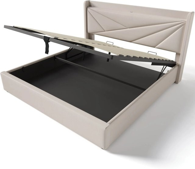 Merax Polsterbett Beige mit USB-C Ladestation und Stauraum B/T/H: 160 x 200 x 107 cm (Höhe Kopfteil: 166 cm) - Bild 1