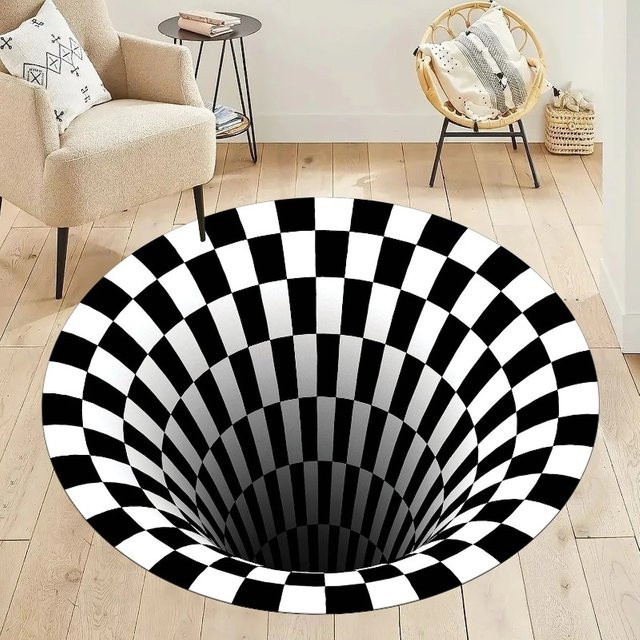 Runder 3D Vortex Teppich mit optischer Täuschung in Schwarz für dein Wohnzimmer - Bild 1