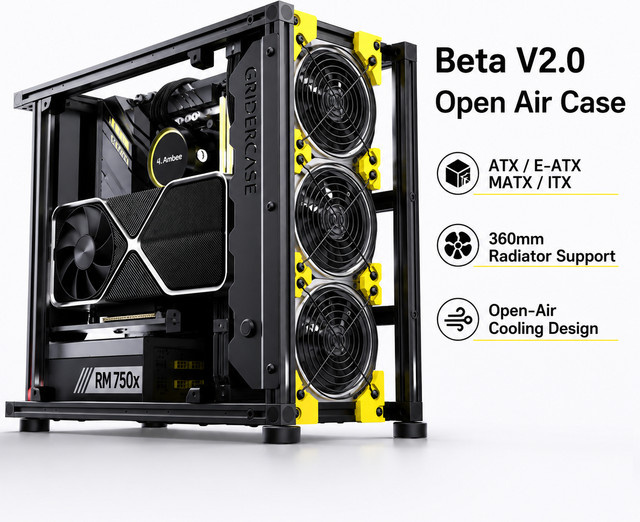 Beta V2.0 Open-Air PC-Gehäuse mit Aluminiumrahmen in Schwarz, unterstützt ATX, E-ATX, MATX und ITX sowie 360mm Radiator und vertikale GPU-Montage - Bild 1