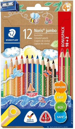 Staedtler Noris Jumbo Buntstifte 12er-Set mit Anspitzer, farbsortiert, FSC-zertifiziert