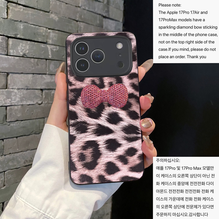 Luxus iPhone Handyhülle aus Leopard Leder mit 3D Diamant-Bowknot in Pink - Bild 3
