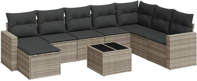 vidaXL 9-teilige Garten-Sofagarnitur in L-Form aus Polyrattan mit Kissen und Couchtisch in Grau - Bild 1