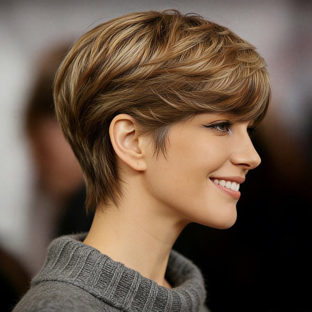OYM HAIR Perücke, Pixie-Cut, braun mit goldenen Highlights, Echthaar, Damen - Bild 1