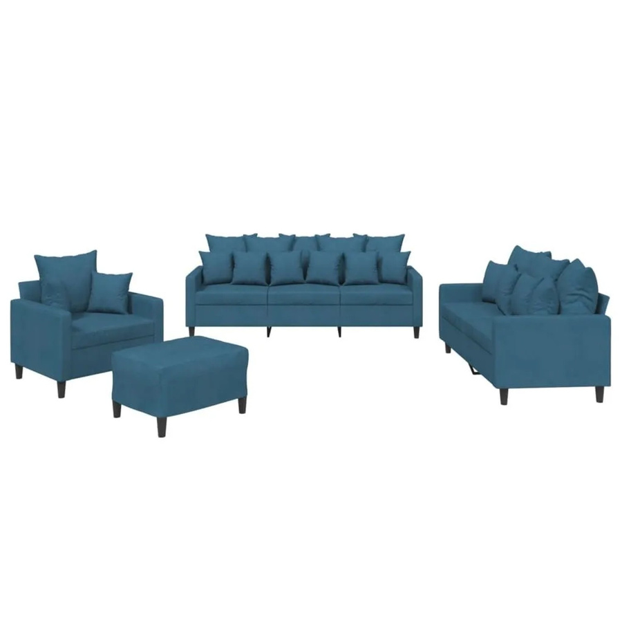 vidaXL 4-tlg Sofagarnitur aus Samt in Blau mit Kissen, bestehend aus 3-Sitzer-Sofa, 2-Sitzer-Sofa, Sessel und Ottoman - Bild 2