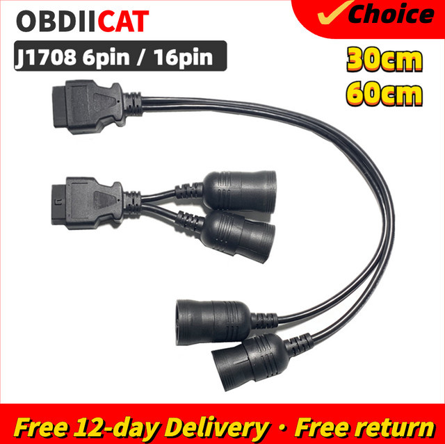 Diagnose-Adapter Y-Kabel für PKW und LKW mit OBD2 16-poliger Buchse zu J1708 6-polig und J1939 9-polig in Schwarz - Bild 1
