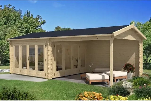 Alpholz Gartenhaus Freiburg-44 Blockhaus in Natur mit 2 Falttüren und Fenstern, B/T: 755 x 399 cm - Bild 1