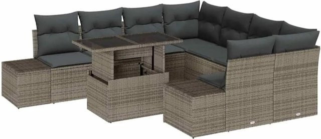 vidaXL Garten-Sofa-Set 9-tlg in Grau mit Polsterkissen und Stauraumfunktion aus Poly Rattan und pulverbeschichtetem Stahl - Bild 1