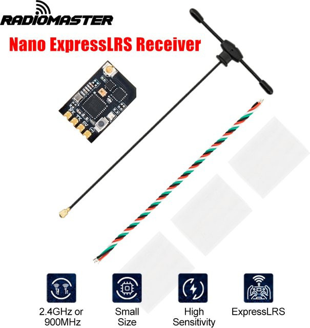 Radiomaster XR1 Nano-Empfänger Dualband 2,4 GHz und 900 MHz mit T-Antenne ExpressLRS in Schwarz - Bild 1